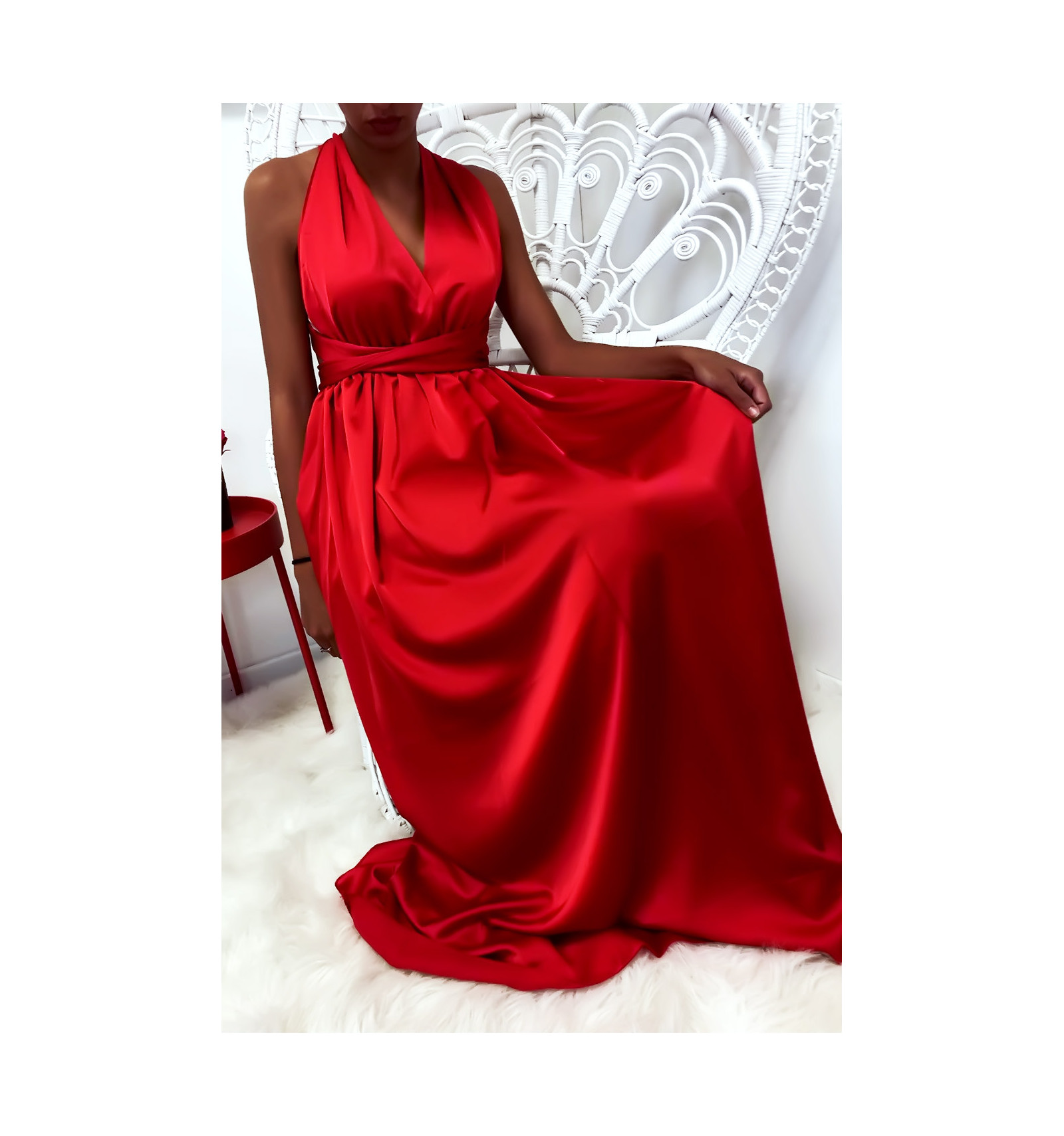 Robe longue satin rouge Clearance