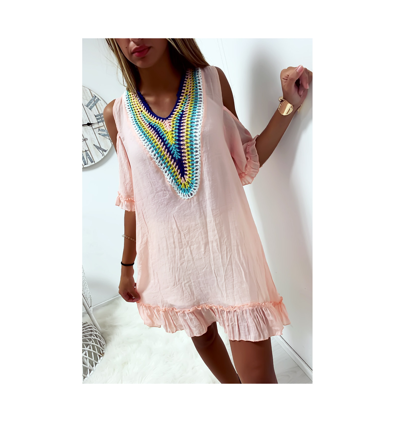 Pink beach dress with bare shoulder and embroidery on the collar.