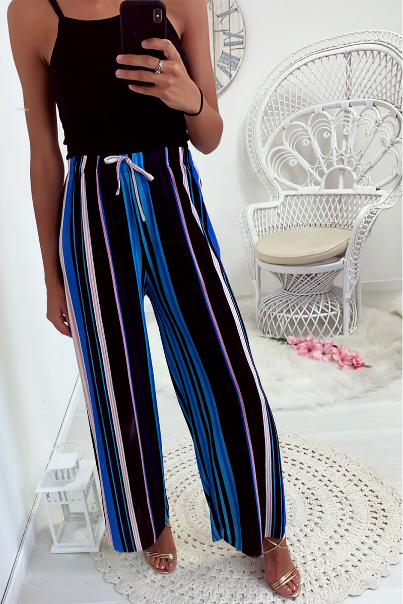 Joli pantalon palazzo rayé à dominance turquoise Joli pantalon palazzo rayé à dominance turquoise