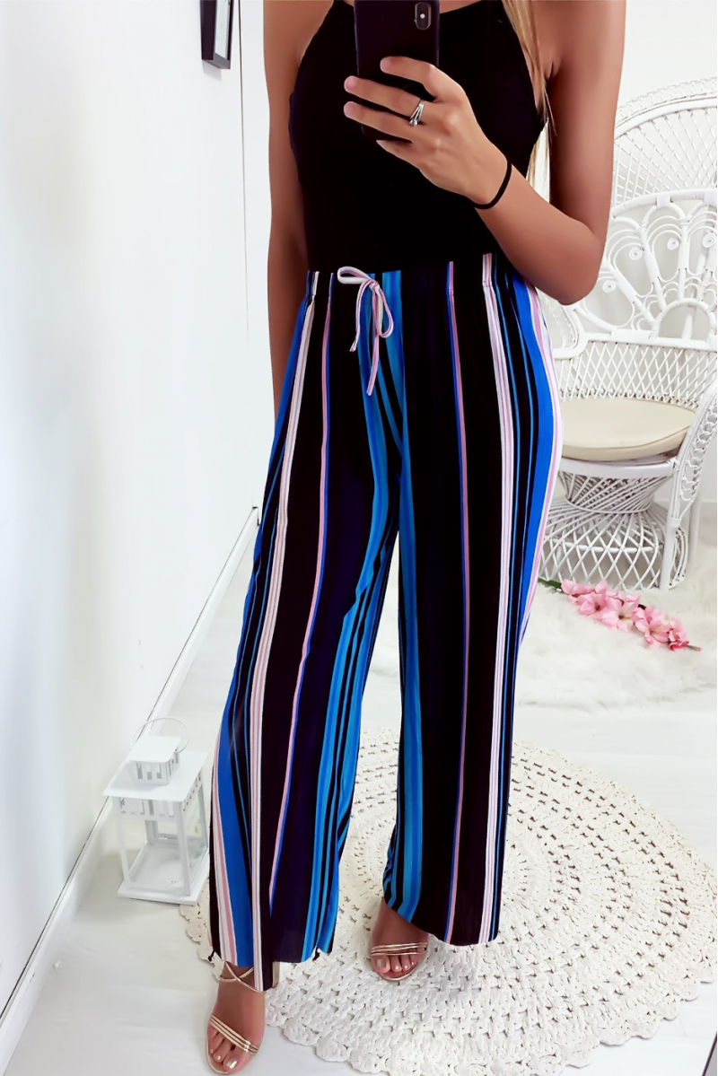 Joli pantalon palazzo rayé à dominance turquoise Joli pantalon palazzo rayé à dominance turquoise