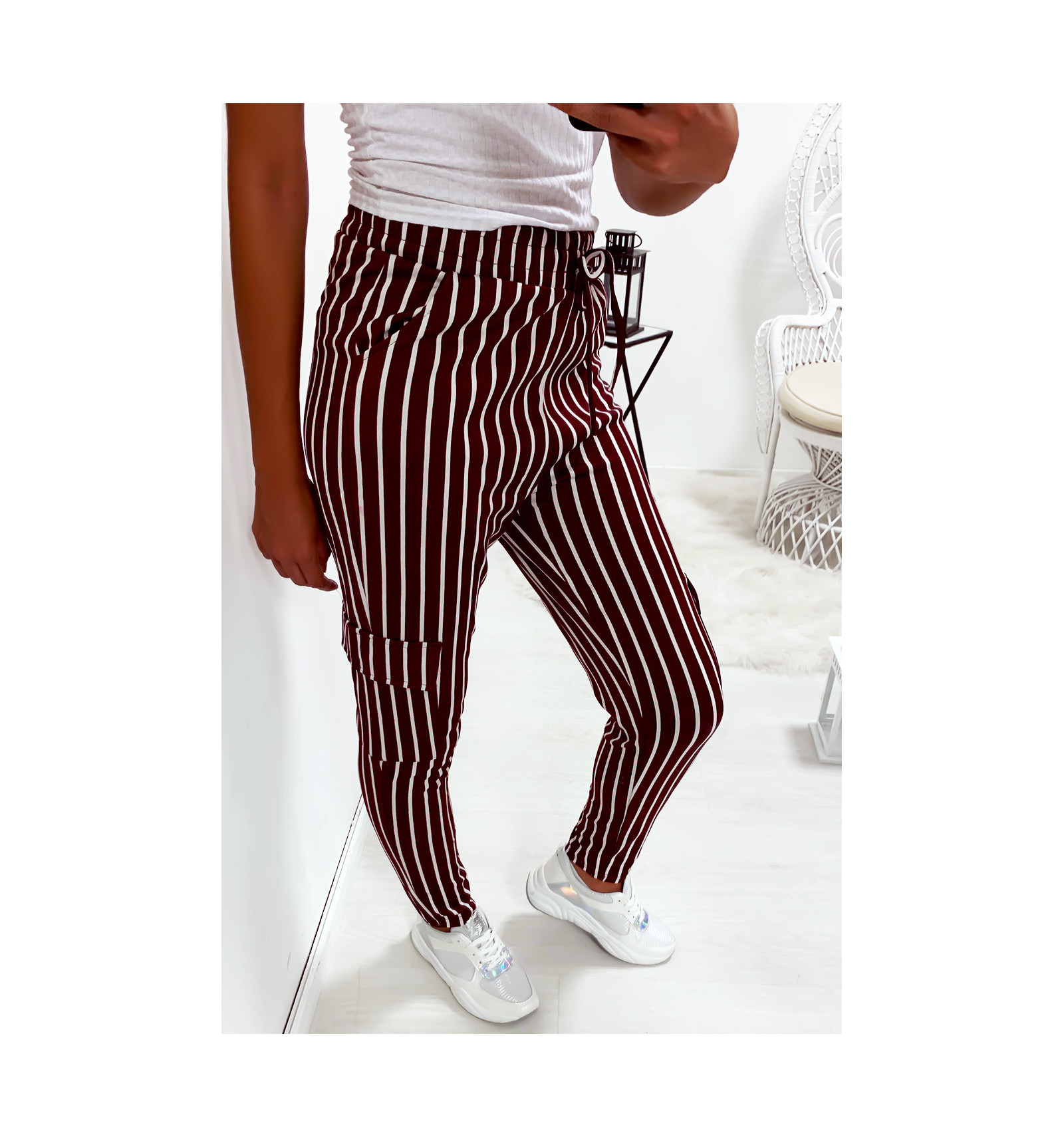 burgundy and white striped pants