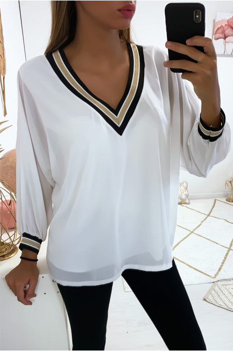 Beautiful White V Neck Blouse Lined Inside Gold At The Collar And Sleeves 1844