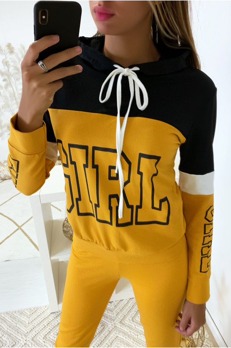 orange sweatshirt with black writing