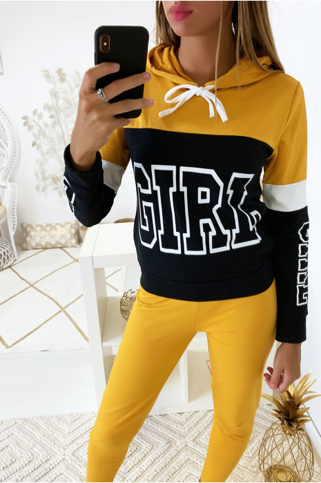 black hoodie yellow writing