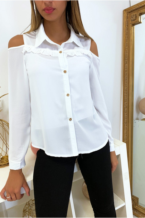 Jolie chemise blanche working girl avec épaules dénudé et froufrou eu buste