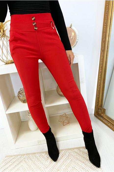 Pantalon Slim Rouge En Taille Haute Boutonne Avec Poche Et Accessoire 6949