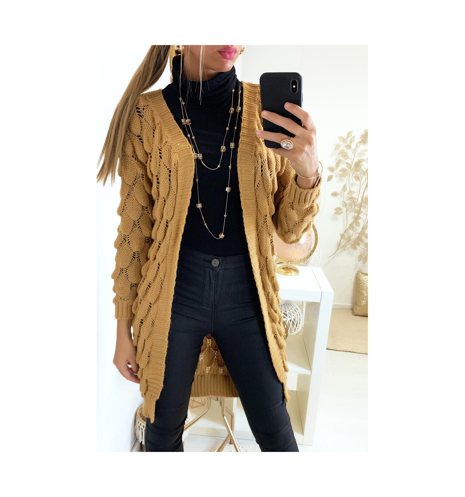 Magnifique gilet  camel tr s classe  avec motif tress  en 