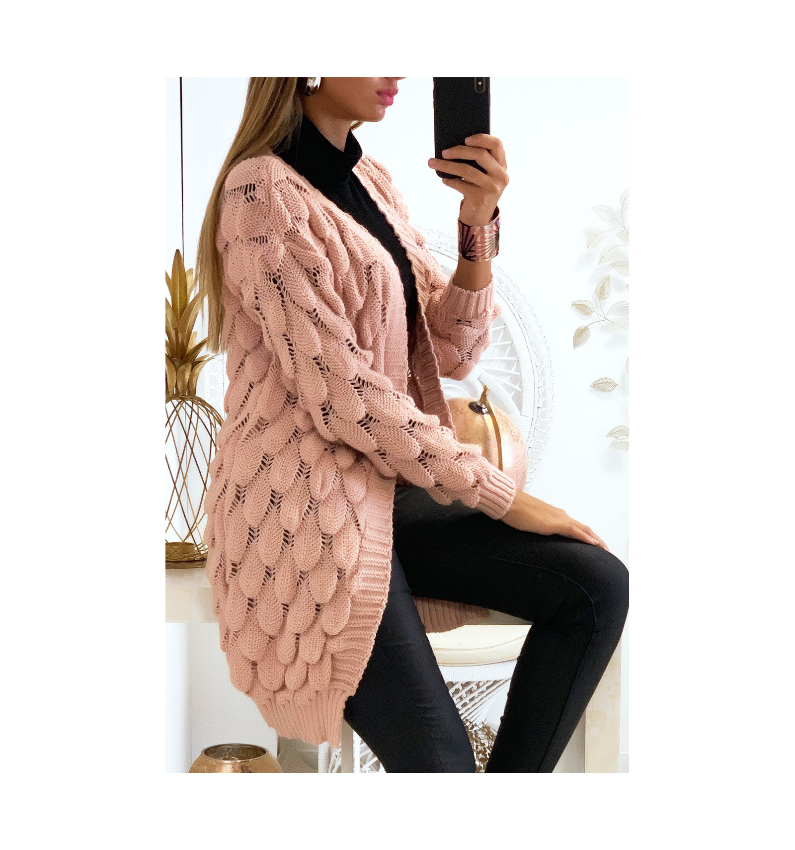 Magnifique gilet  rose tr s classe  avec motif tress  en 