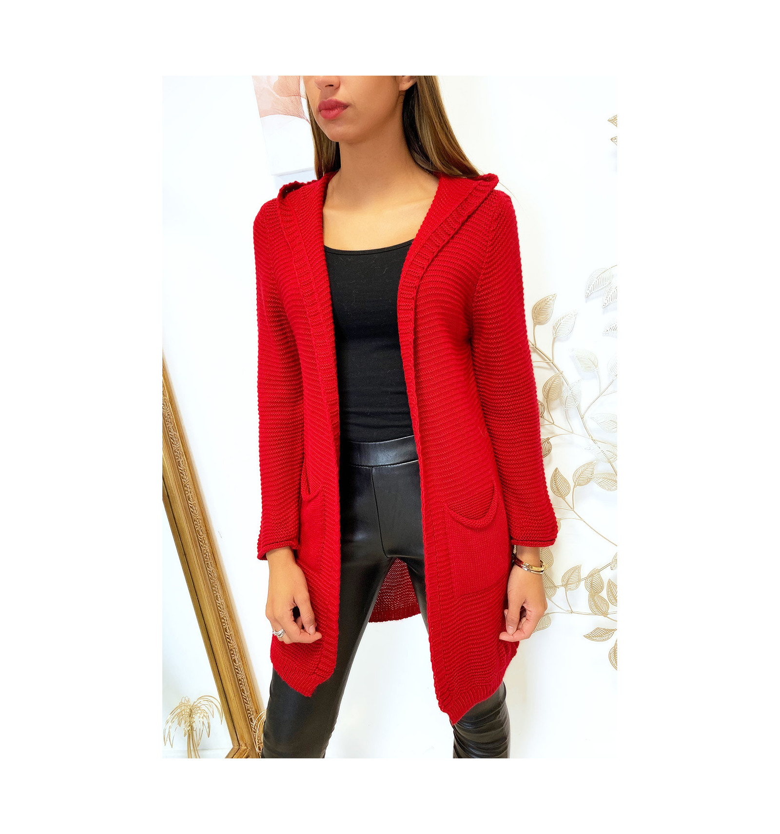 long red hooded cardigan