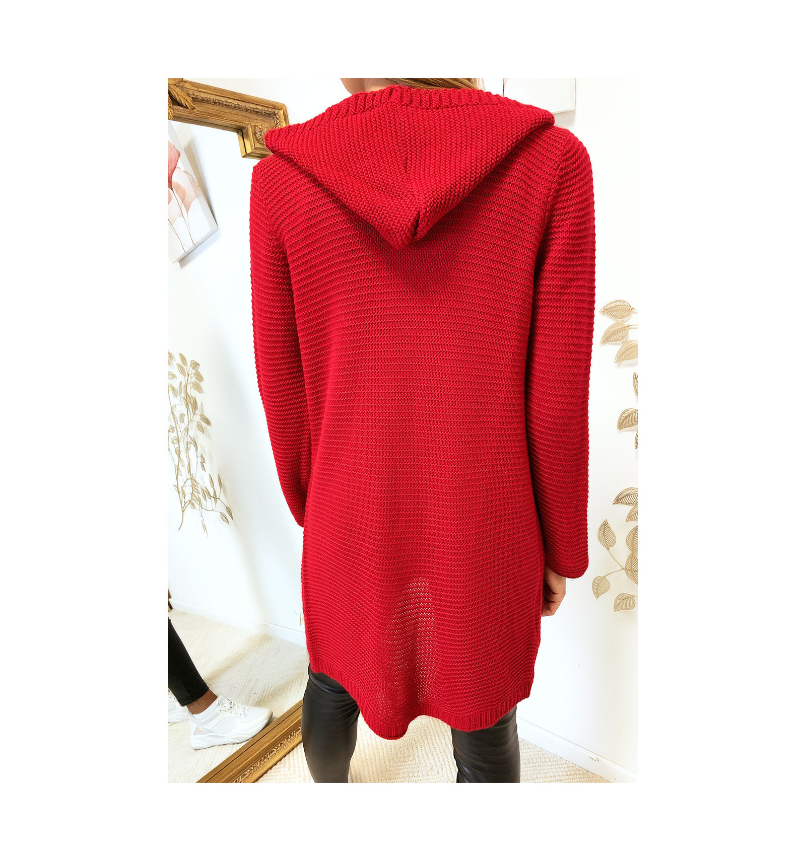 long red hooded cardigan