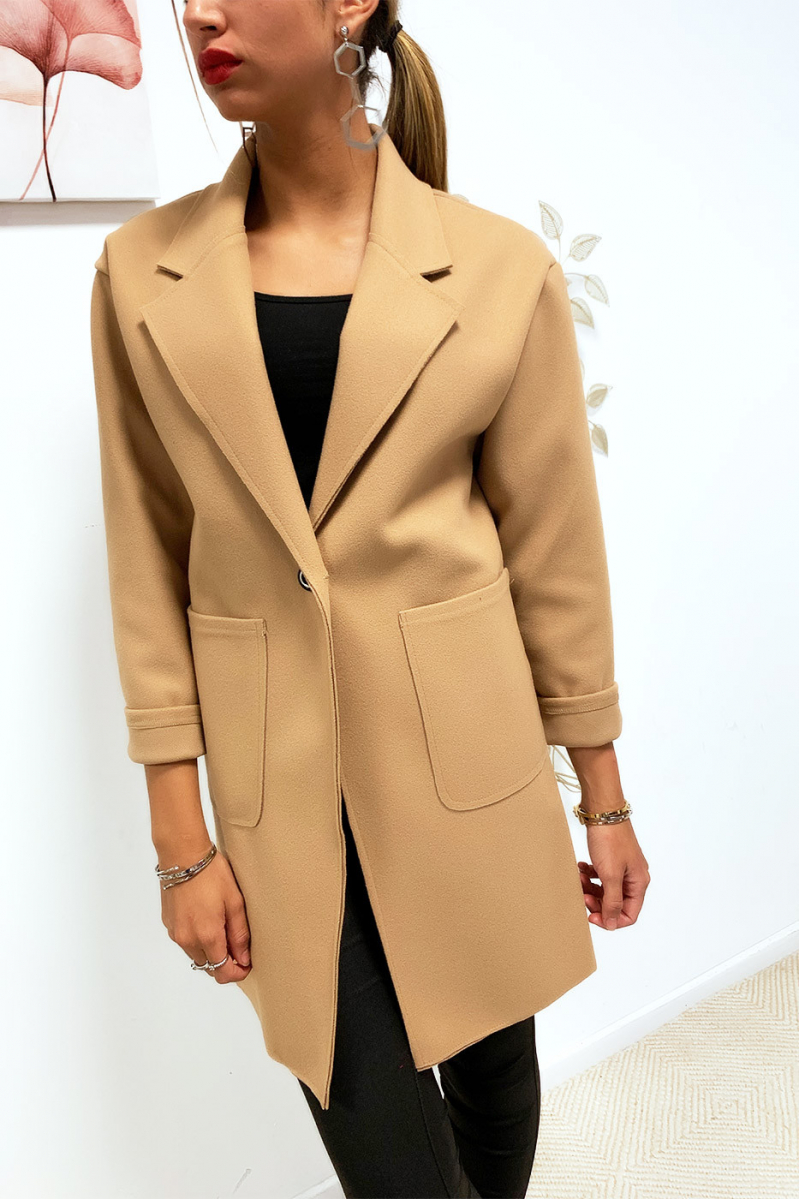 camel button front slim coat