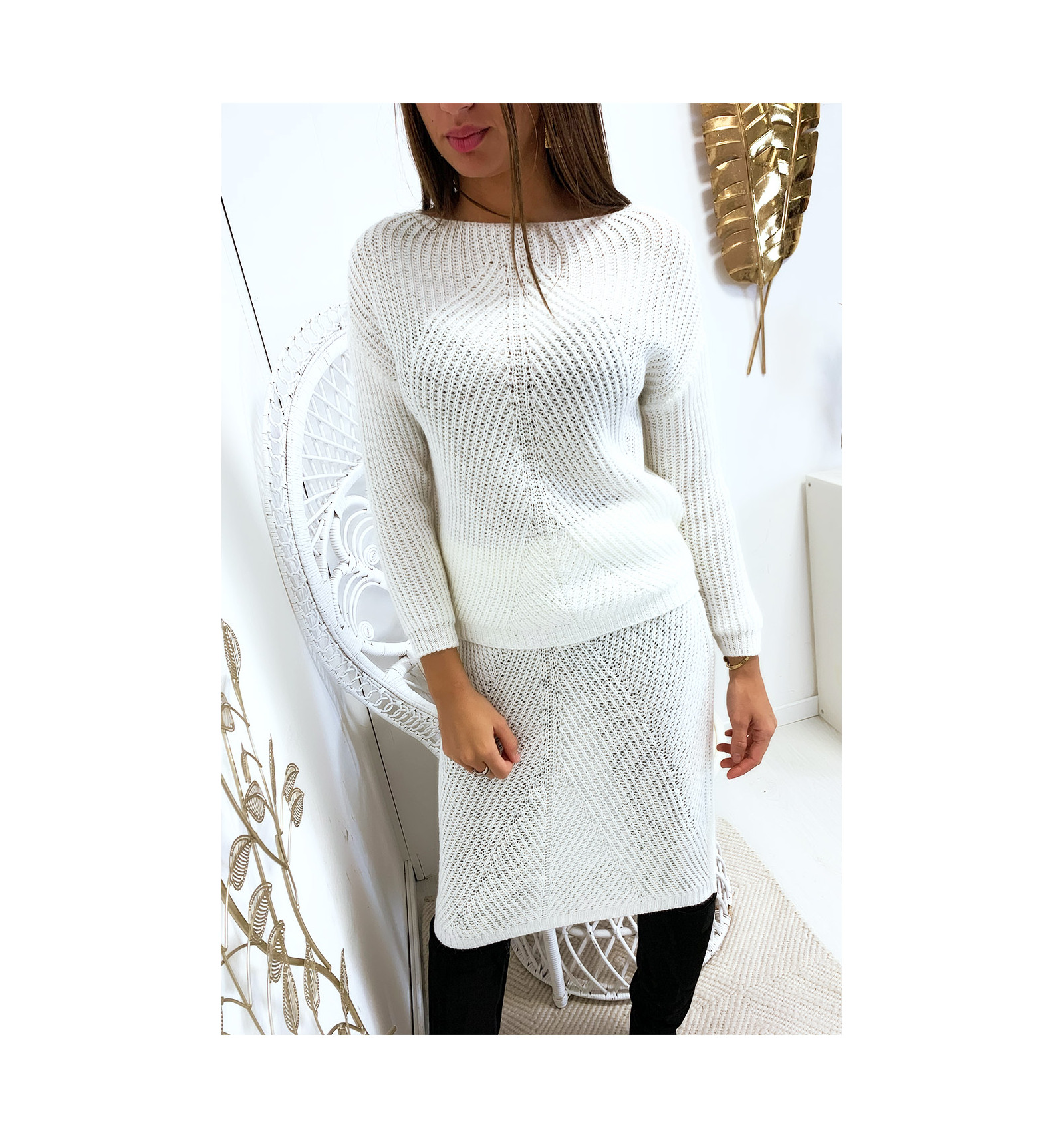 white sweater skirt set