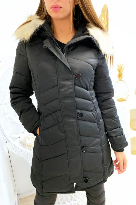 beige puffer jacket with fur hood