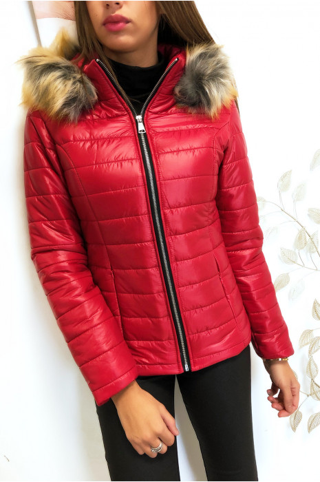 red down jacket with fur hood