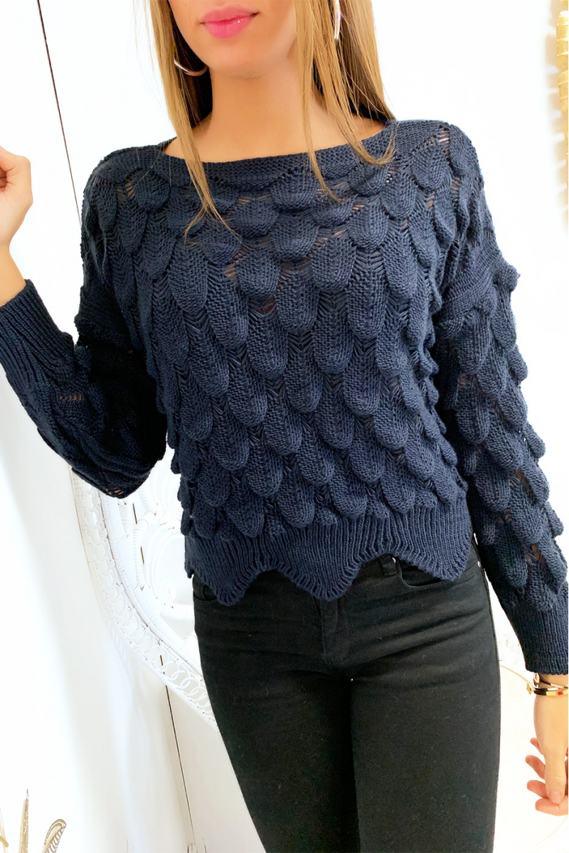 Gevlochten marineblauwe cropped sweater in bladvorm Gevlochten marineblauwe cropped sweater in bladvorm