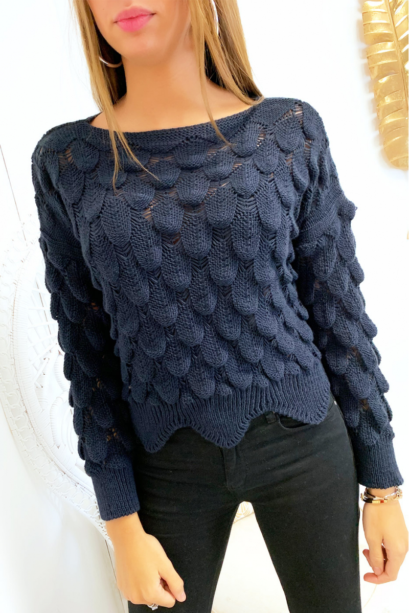 Gevlochten marineblauwe cropped sweater in bladvorm Gevlochten marineblauwe cropped sweater in bladvorm