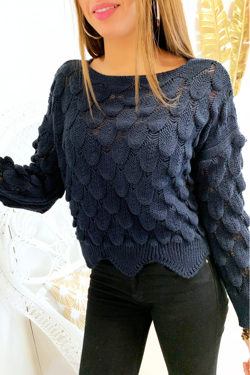 Gevlochten marineblauwe cropped sweater in bladvorm Gevlochten marineblauwe cropped sweater in bladvorm