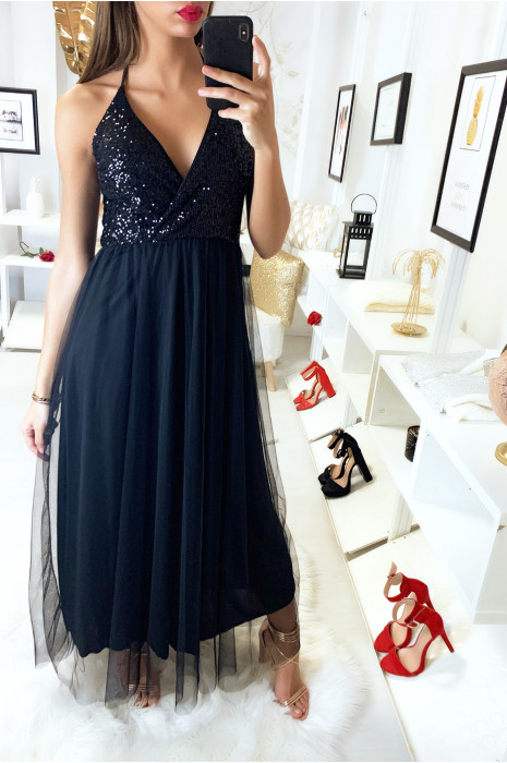 Longue robe bustier noir à paillette avec jupe en voile doublé
