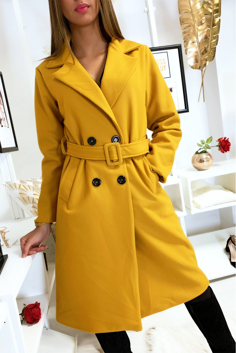Longue veste croisé moutarde doublé à l'intérieur avec poches et ceinture Longue veste croisé moutarde doublé à l'intérieur avec poches et ceinture