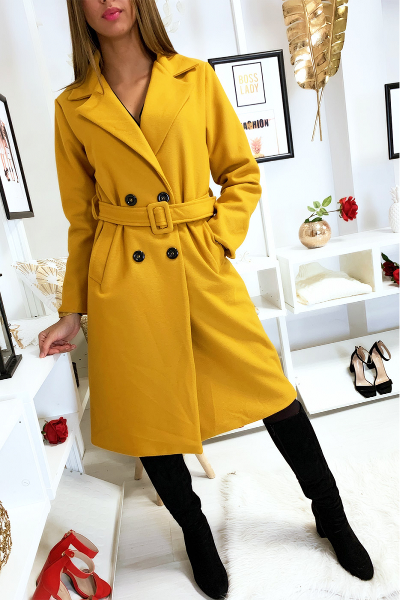 Longue veste croisé moutarde doublé à l'intérieur avec poches et ceinture Longue veste croisé moutarde doublé à l'intérieur avec poches et ceinture