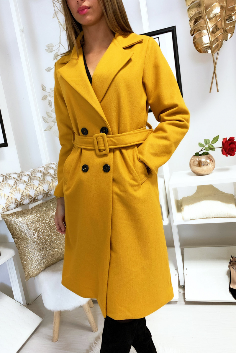 Longue veste croisé moutarde doublé à l'intérieur avec poches et ceinture Longue veste croisé moutarde doublé à l'intérieur avec poches et ceinture