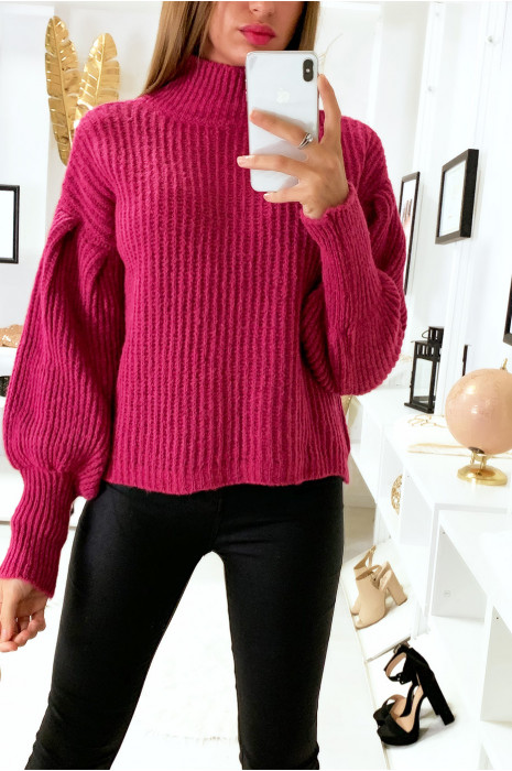 Pretty Fuchsia Sweater With High Collar And Puffed Sleeve