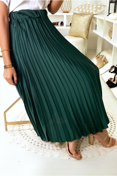 Long Satin Green Pleated Skirt