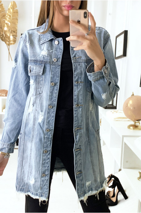 Superbe Veste en Jeans Bleu coupe longue style DESTROY ...