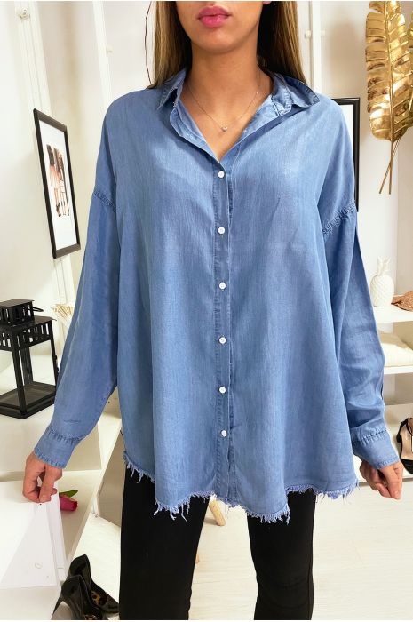 Chemise En Jean Bleu Oversize Effet Déchiré En Bas Chemise Femme