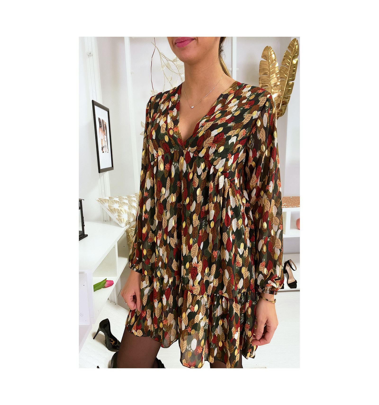 robe longue feuille doree