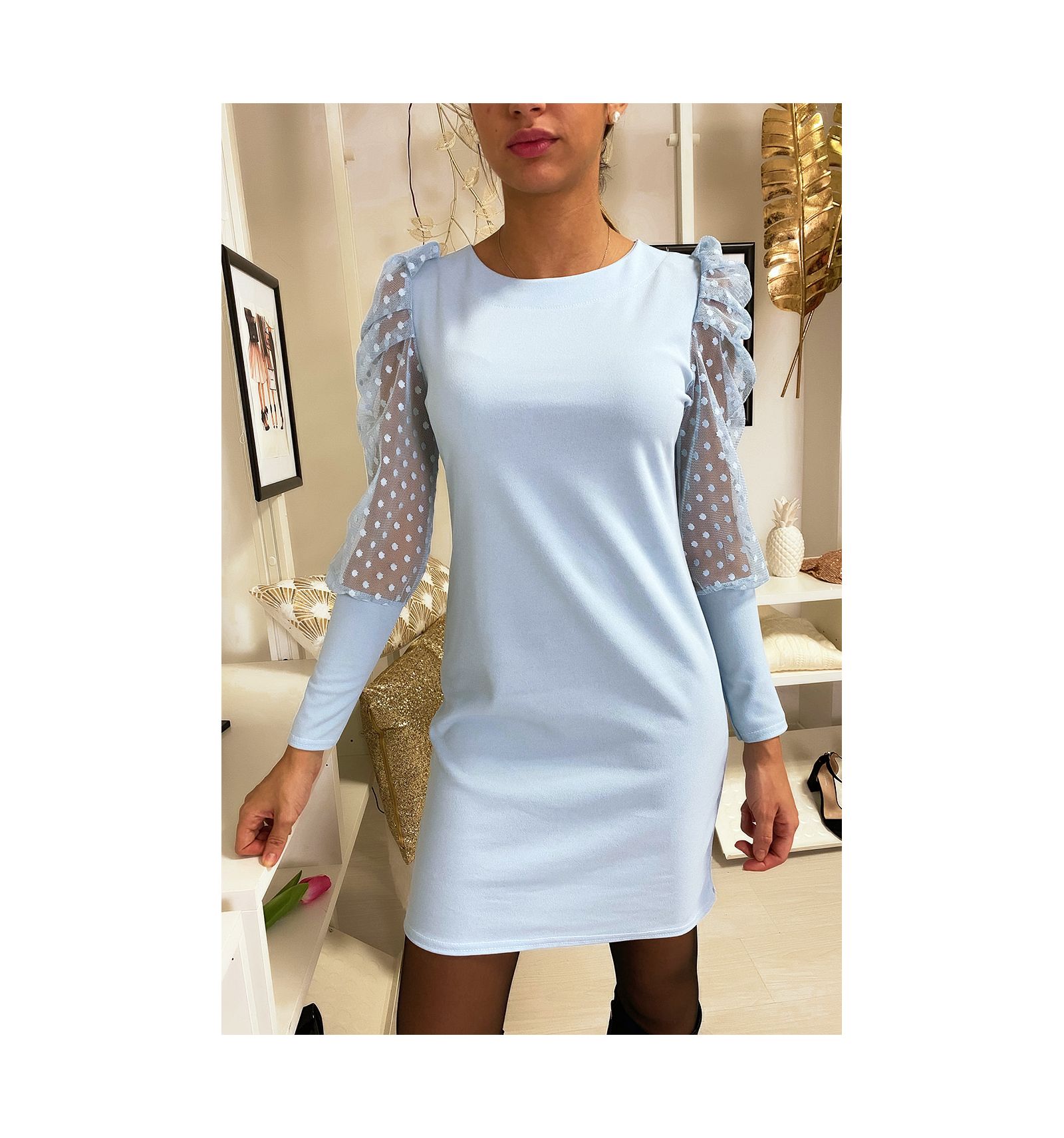 Robe turquoise manche plumetis et bouffante