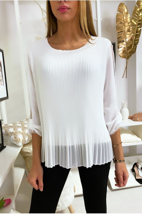 White Pleated Front Blouse With Lace Sleeves