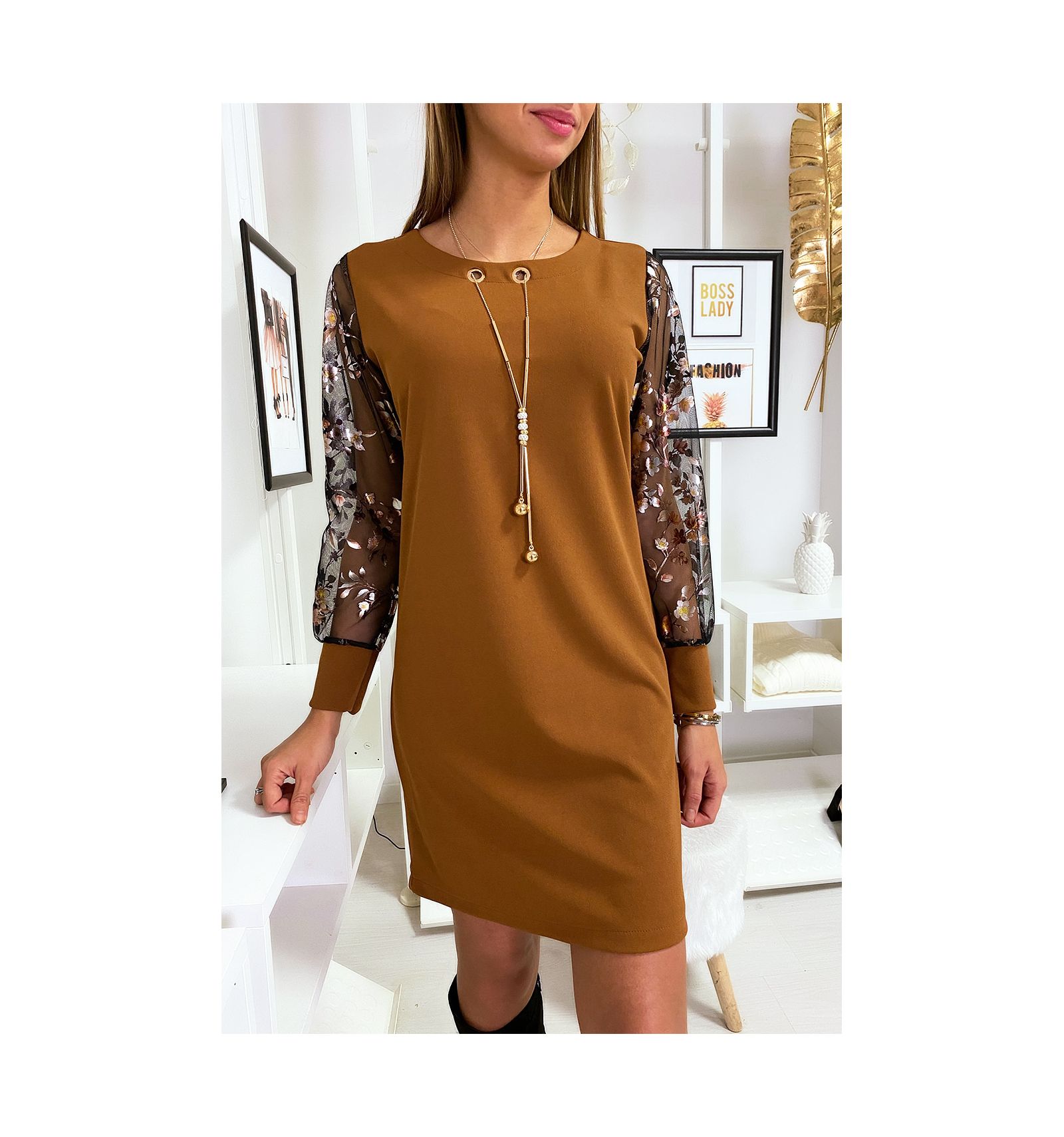 Camel trapeze tunic dress with collar and sleeve in golden ...
