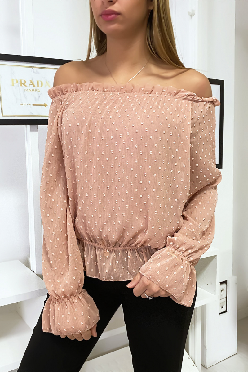Haut bardot plumetis rose à manches longues Haut bardot plumetis rose à manches longues
