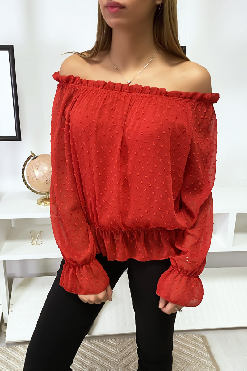 Rode Plumetis Bardot-top met lange mouwen Rode Plumetis Bardot-top met lange mouwen