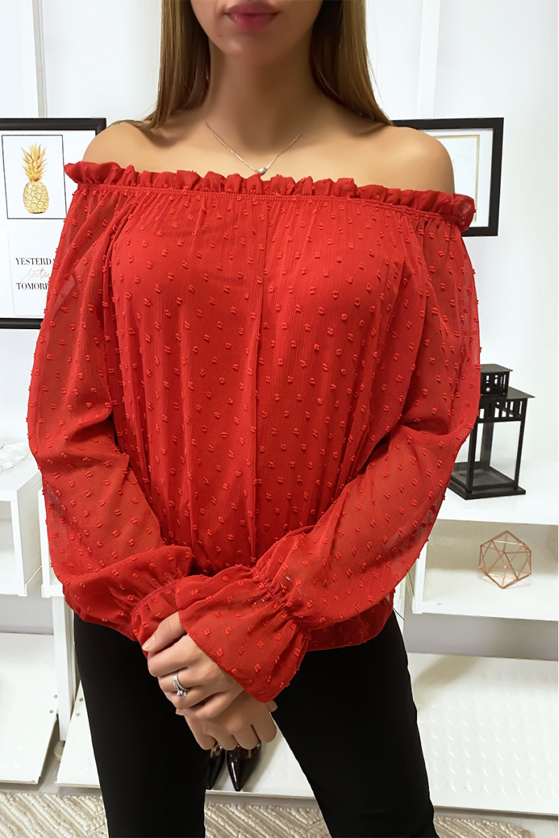 Rode Plumetis Bardot-top met lange mouwen Rode Plumetis Bardot-top met lange mouwen