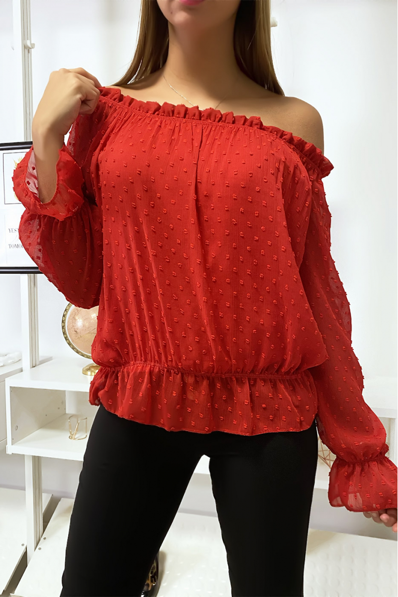 Rode Plumetis Bardot-top met lange mouwen Rode Plumetis Bardot-top met lange mouwen