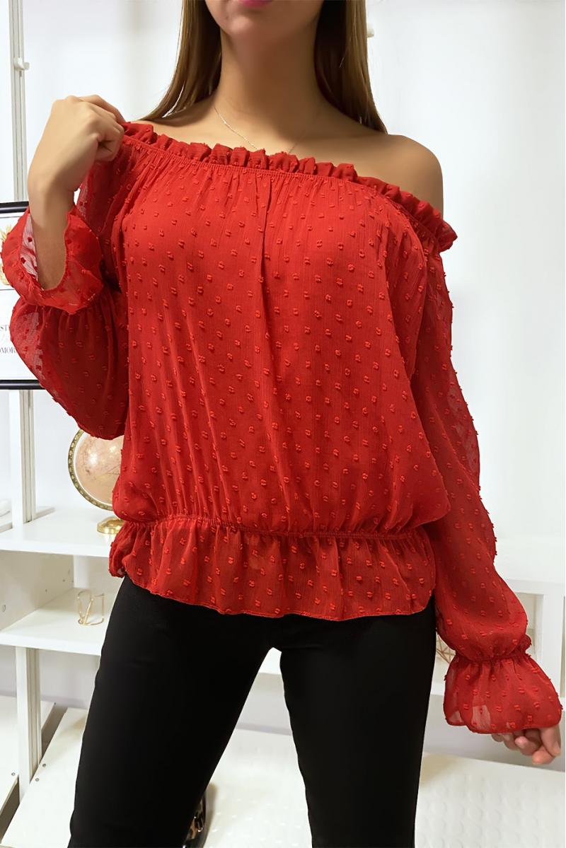 Rode Plumetis Bardot-top met lange mouwen Rode Plumetis Bardot-top met lange mouwen