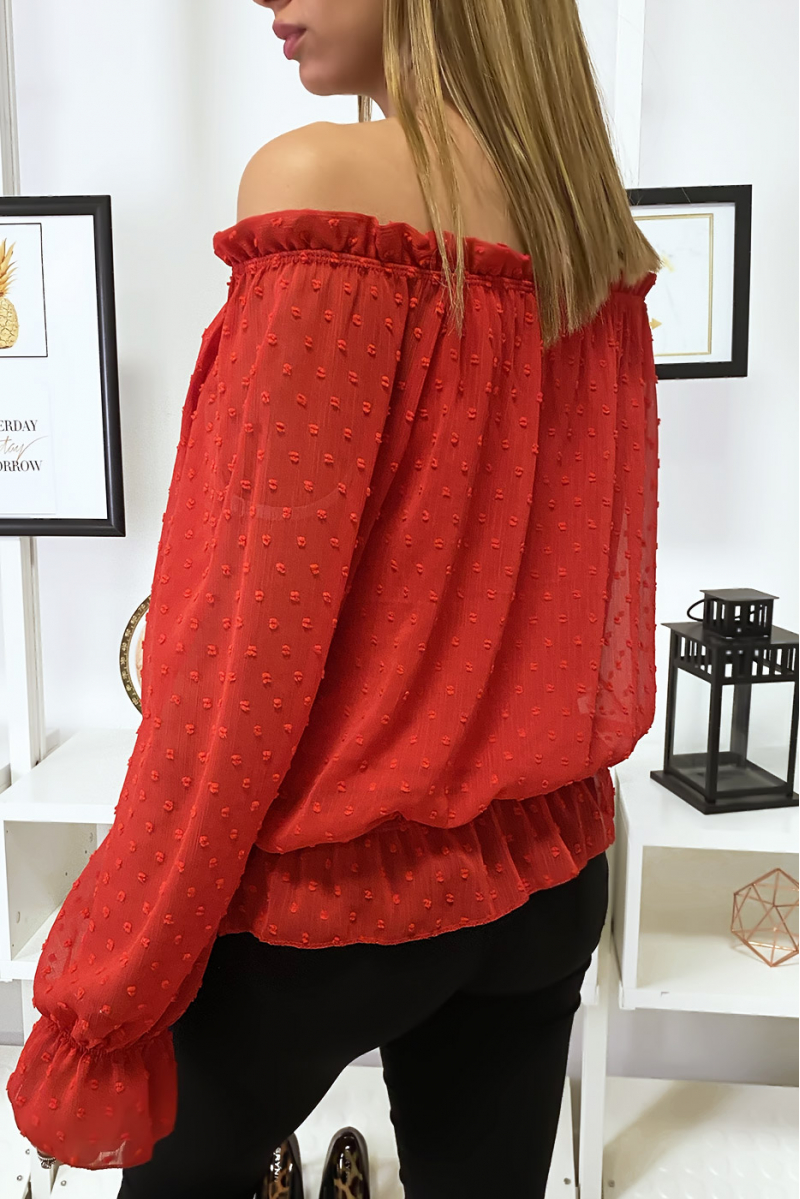 Rode Plumetis Bardot-top met lange mouwen Rode Plumetis Bardot-top met lange mouwen