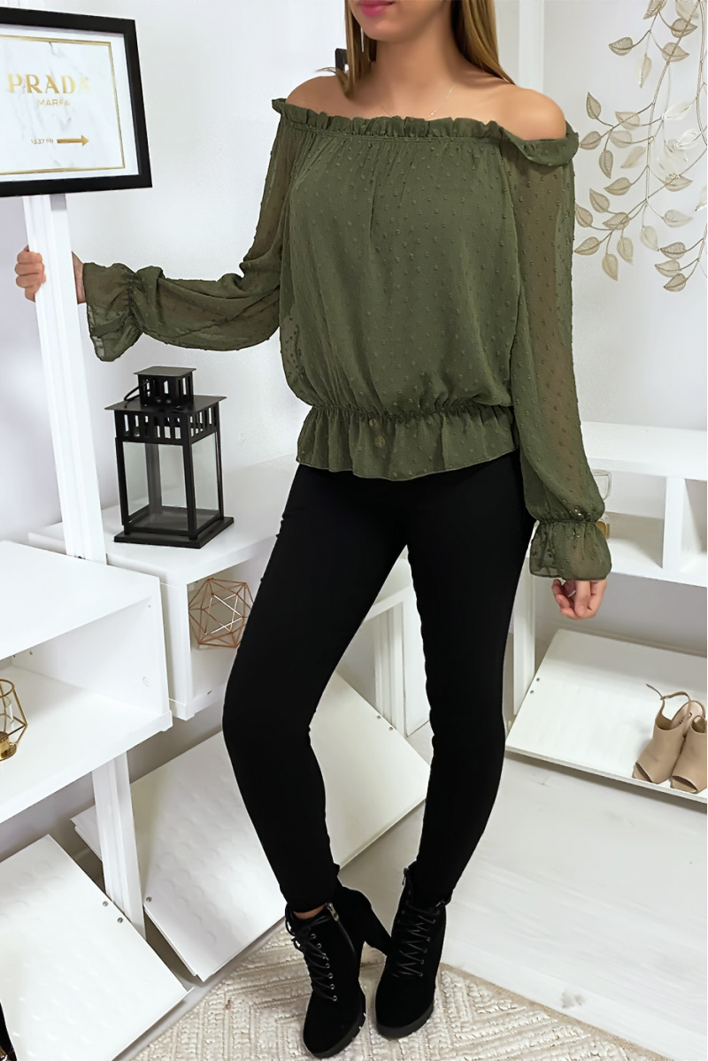 Kaki Plumetti Bardot-top met lange mouwen Kaki Plumetti Bardot-top met lange mouwen