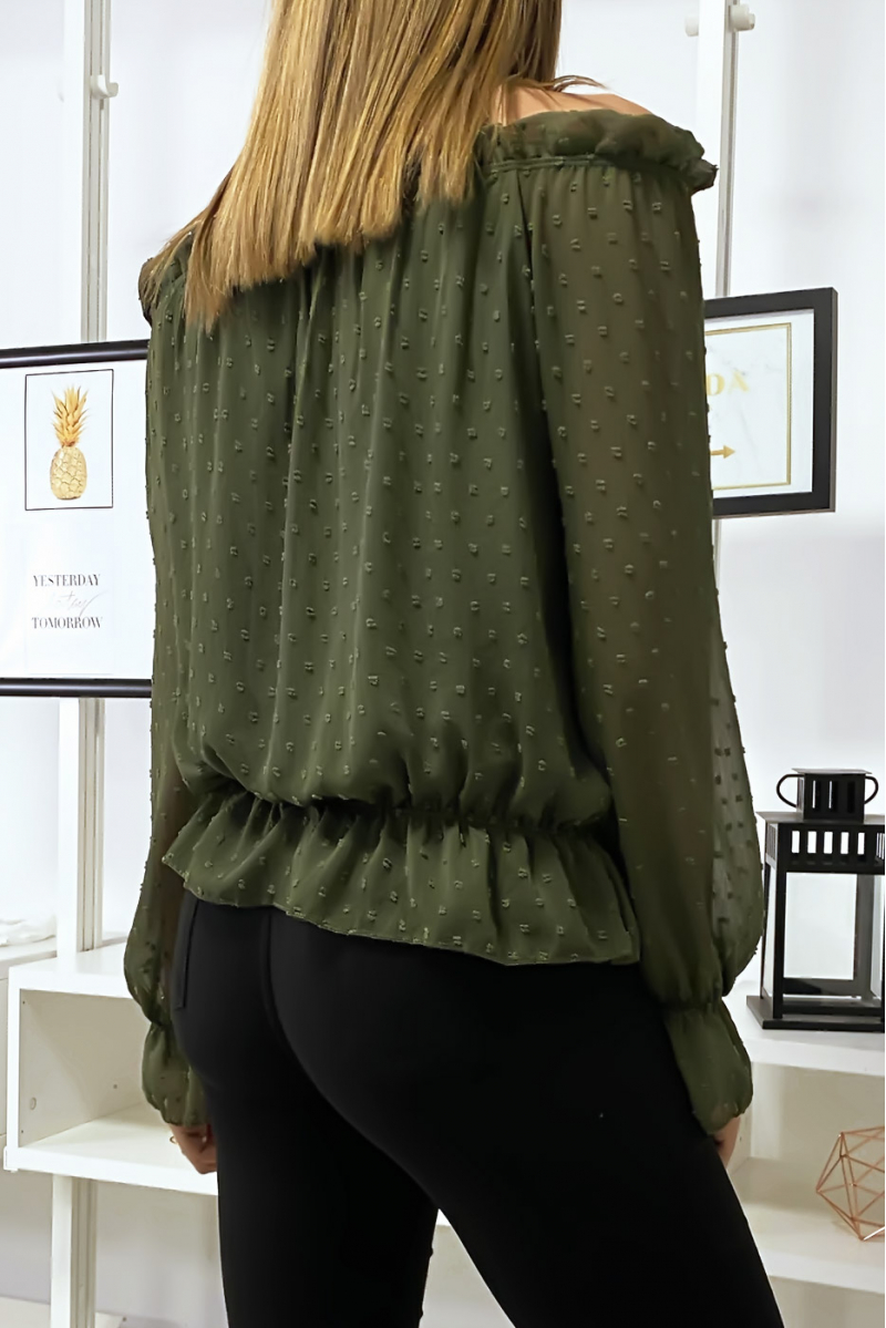 Kaki Plumetti Bardot-top met lange mouwen Kaki Plumetti Bardot-top met lange mouwen