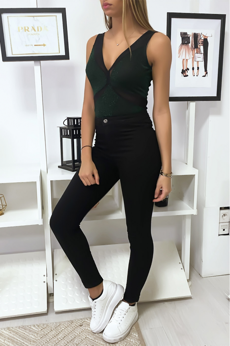 Glanzende groene bodysuit met mooie kanten vorm Glanzende groene bodysuit met mooie kanten vorm