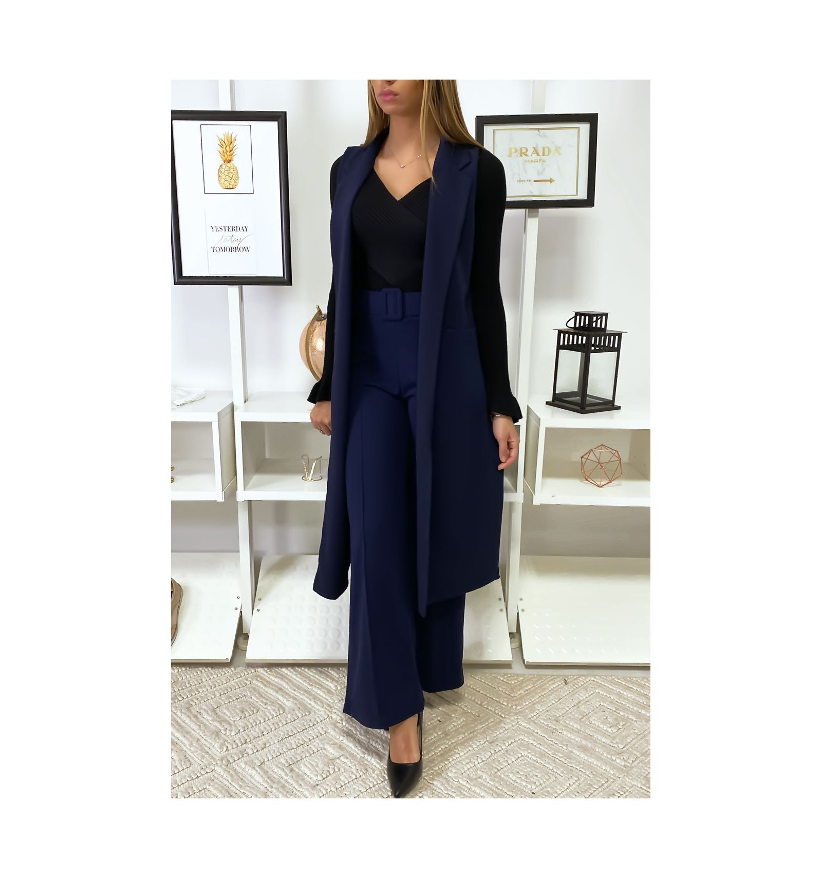 Long Navy Jacket Slit On The Sides 592