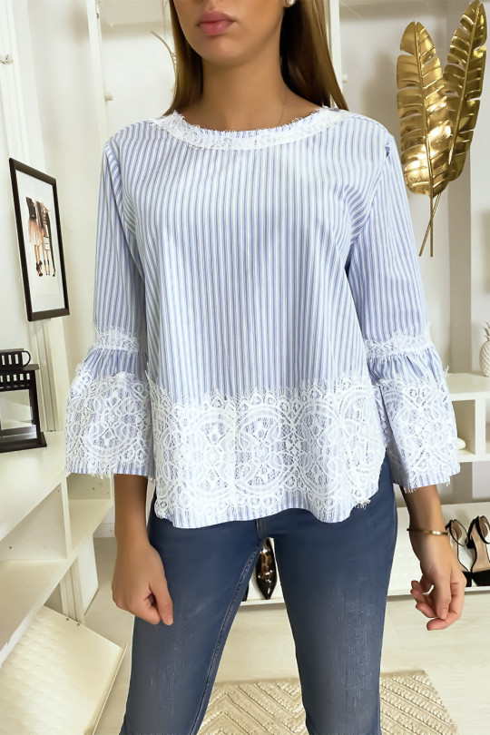 Blouse bleu ciel rayé avec dentelle Blouse bleu ciel rayé avec dentelle