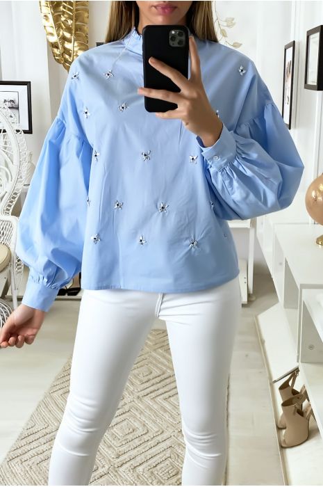 Blue Puff Sleeve Blouse With Rhinestones