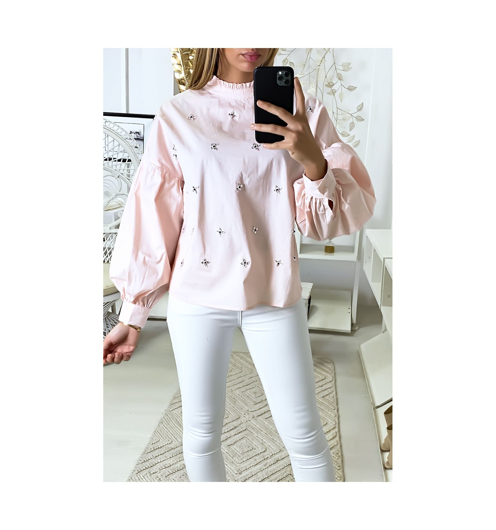 Blouse rose manche bouffante avec strass