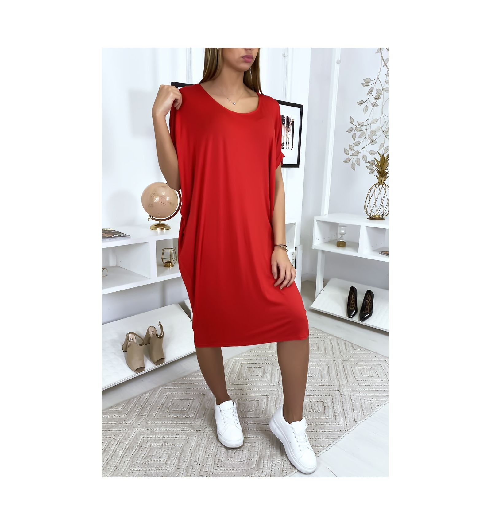 Robe tunique rouge très ample manche courte