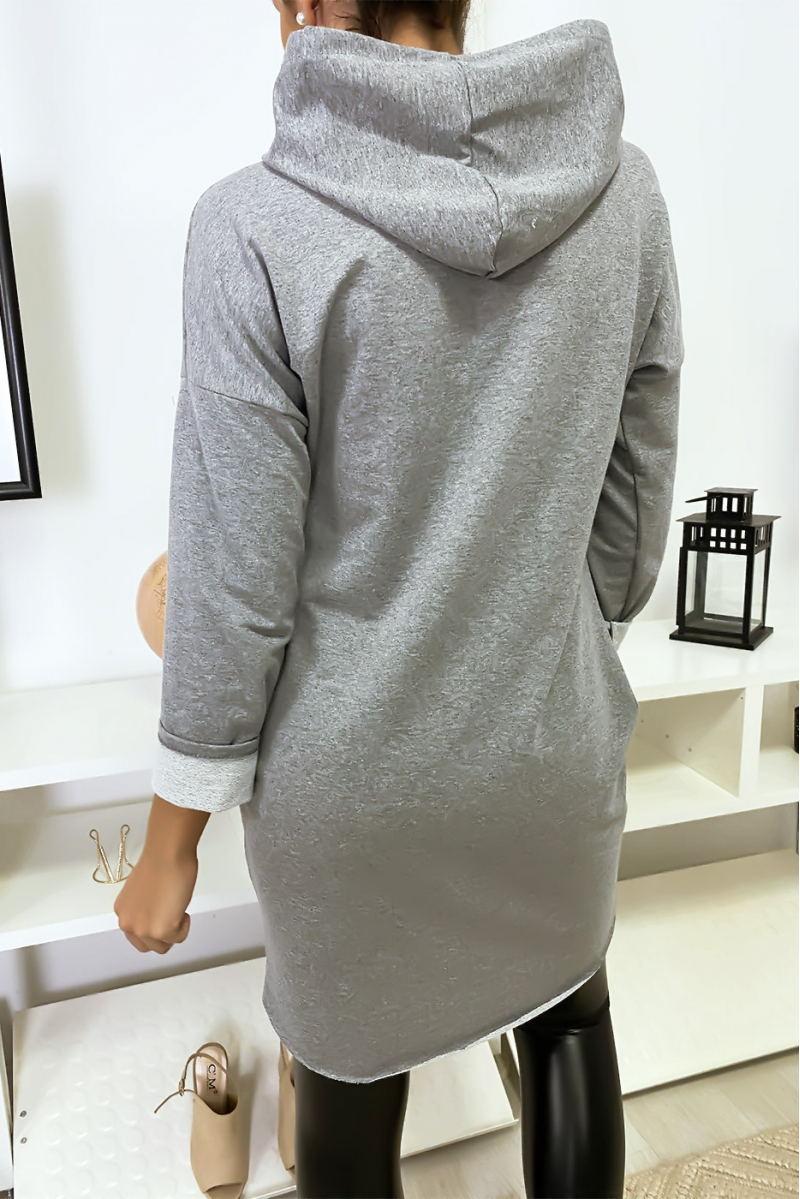 Pull robe gris à capuche "J'veux des paillettes dans ma vie" Pull robe gris à capuche "J'veux des paillettes dans ma vie"