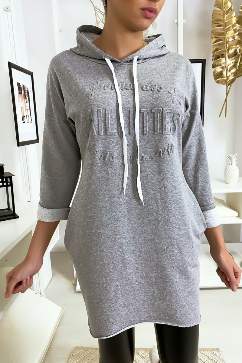 Pull robe gris à capuche "J'veux des paillettes dans ma vie" Pull robe gris à capuche "J'veux des paillettes dans ma vie"