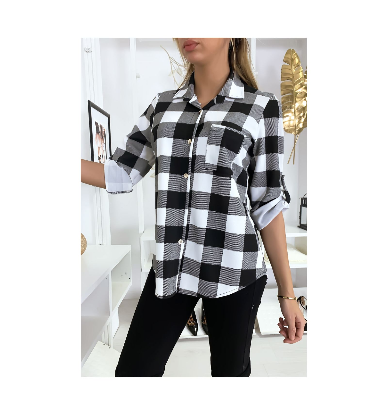 Chemise A Carreau Noir Et Blanc Manche Retrousse